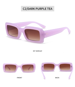 Three perspectives of purple rectangular sunglasses with brown gradient lenses and gold dots