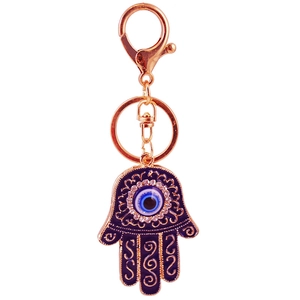 Hamsa hand keychain with purple enamel evil eye and rhinestones on rose gold plating