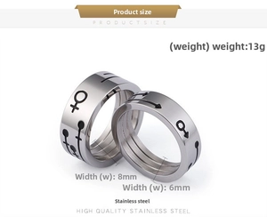 Détail de bagues de couple en acier inoxydable de 8mm et 6mm avec symboles de genre