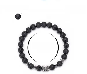 Detailed specs of lava stone bead bracelet with silver buddha head and 8mm black beads