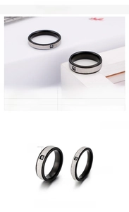 Detail view of 6mm and 4mm matte black stainless steel rings with zircon inlay