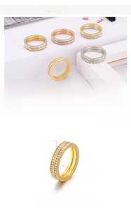 Detail view of double row crystal stainless steel rings in gold, silver and rose gold