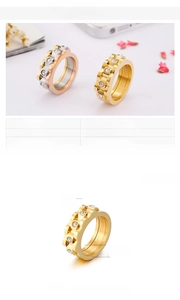 Detail view of 7mm gear spinning stainless steel ring with zircon stones in gold finish