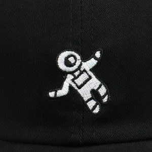 Unisex black twill baseball cap with detailed astronaut embroidery for outdoor sun protection