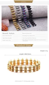 Close-up of punk bullet spike bracelet with dimensions and four color finish options