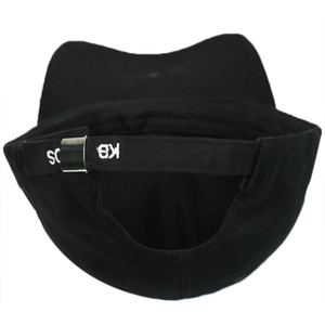 Detail of adjustable black baseball cap strap with metal buckle and white embroidery