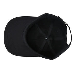 Detail showing the internal six-panel structure and metal buckle of the black baseball cap