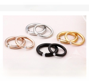 Detailed view of titanium steel rings with cubic zirconia inlay in four finishes