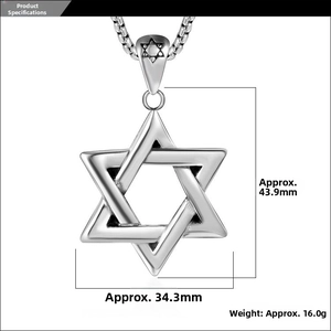 Detailed view of hexagram pendant size showing height 43.9mm and width 34.3mm