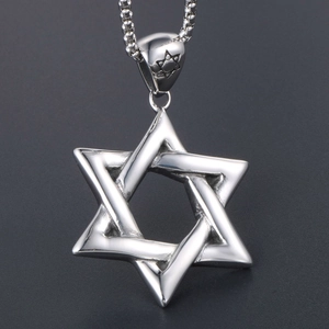 Vintage silver stainless steel hexagram pendant necklace with a polished bead chain