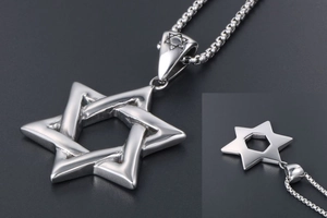 Macro detail of silver hexagram pendant showing hollow design and metallic luster