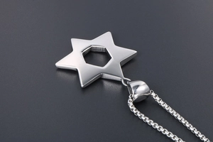 Detailed macro shot of vintage hexagonal star pendant with a stylish woven steel chain
