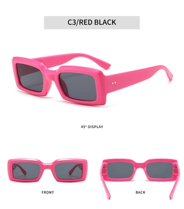 Detailed views of bright pink rectangular sunglasses with dark grey lenses in multiple angles