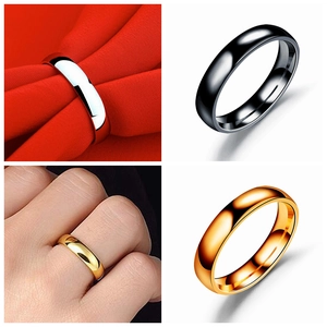 Polished 4mm stainless steel rings in silver, gold, and black finishes for couples