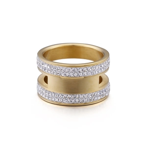 Bague en acier inoxydable plaqué or 18 carats avec double rangée de cristaux et motif H