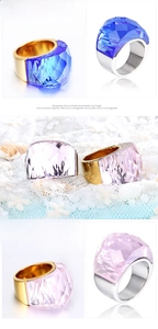 Detailed macro view of 316L stainless steel ring with faceted blue and pink crystals