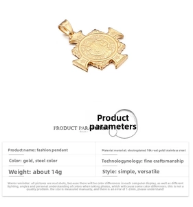 Detail of 18K gold plated stainless steel St. Benedict cross pendant with weight specs