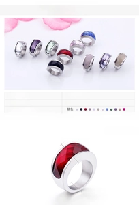 Detail view of 12mm wide stainless steel rings with colorful faceted crystal stones