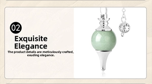 Detail of light green crystal pendulum with intricate silver hollow-out metal pendant