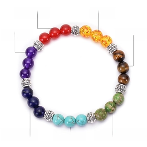 Natural seven chakra stone energy bracelet with agate and tiger eye on a white background