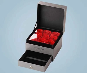 Gray jewelry gift box with drawer, red roses and Best Wishes text on a light blue background