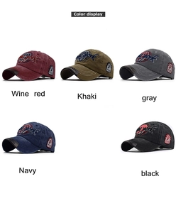 Close-up of vintage cotton baseball caps in five colors with 3D NEW YORK embroidery details