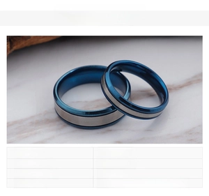Detail of blue and silver stainless steel rings showing brushed texture and 11g weight