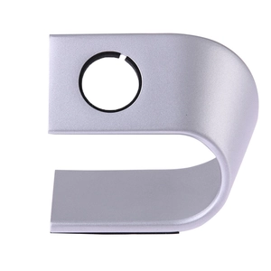 Silver aluminum C-shaped charging stand for Apple Watch with round cutout and non-slip base