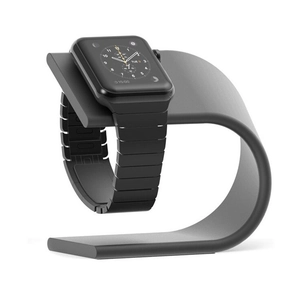 Sleek black aluminum U-shaped charging stand for Apple Watch with digital clock display