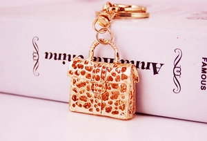 Detail of a golden leopard print handbag keychain with rhinestones on a white background