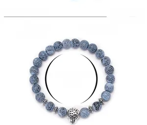Detail of 8mm weathered agate beaded bracelet with silver leopard head and dimensions