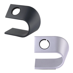 C-shaped aluminum charging stand for Apple Watch shown in black and silver metal finish