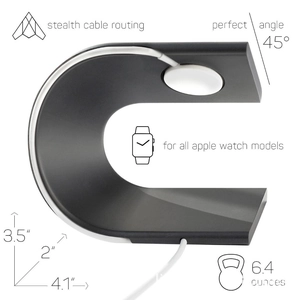 Black aluminum U-shape stand for Apple Watch with 45-degree angle and hidden cable routing