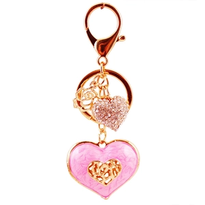 Creative pink enamel heart keychain with rhinestones and gold lobster clasp for car keys
