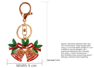 Detailed size parameters of the rhinestone Christmas bell keychain with gold D-ring buckle