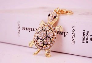 Detailed view of turtle keychain with sparkling rhinestones and golden metal ring