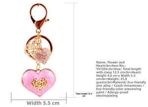 Close-up of heart keychain showing 12.5cm total length and rhinestone details