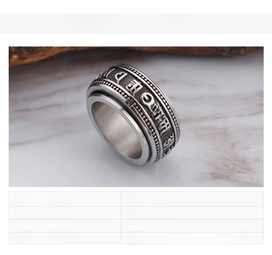 Macro shot of rotatable stainless steel ring featuring engraved Buddhist mantra symbols