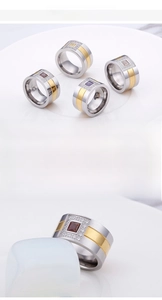 Detail of two-tone stainless steel wide rings featuring square gemstones and zircon halo