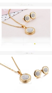 Macro view of 18K gold plated jewelry set with white crystals and specific dimensions