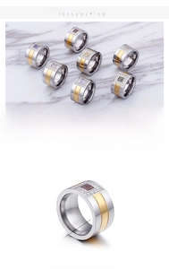 Detailed specs of 12mm stainless steel band rings with multi-color zircon stones