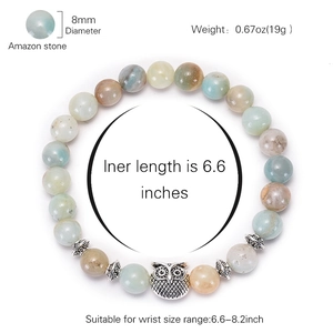 Amazon stone beaded bracelet with owl pendant and 8mm natural stone beads on white background