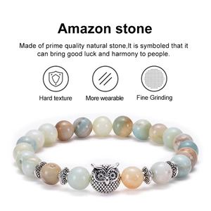 Amazon stone beaded bracelet with vintage metal owl charm and durable natural stone beads