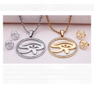 Detail view of 18K gold plated stainless steel Eye of Horus jewelry set with cubic zirconia