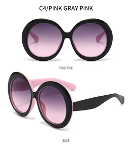 Détails de lunettes de soleil rondes roses et grises avec verres dégradés