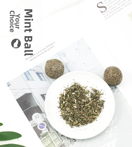 Detail of two organic catnip balls and dried mint leaves on a white ceramic plate