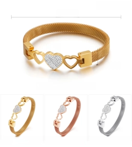 Close-up of heart mesh bracelet with sparkling cubic zirconia and 18K vacuum plating