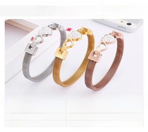 Mesh stainless steel heart bracelets in gold, silver, and rose gold with zircon stones
