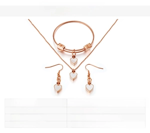 Detailed spec sheet showing 18K gold plated stainless steel heart jewelry set