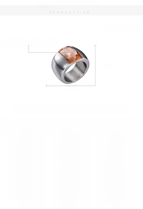 Detailed view of 14mm wide stainless steel ring showing size specs and gemstone color options